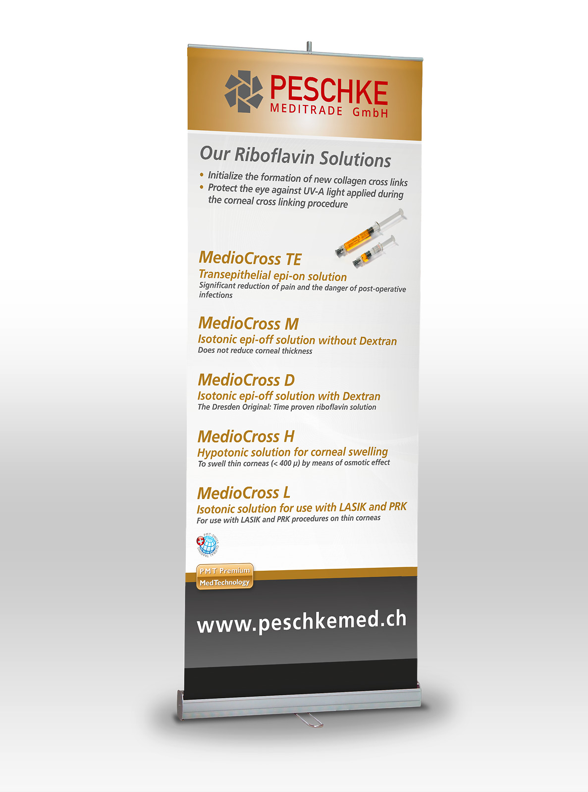 Rollup Display für die Firma Peschke Meditrade GmbH in gold und anthrazit.