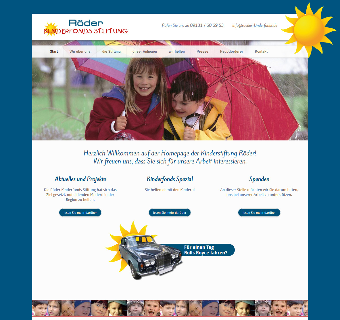 Website der Kinderfondsstiftung Röder in einem freundlichen Design in blau und gelb - von Konzeption bis Programmierung.