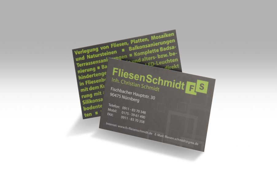 Visitenkarten für den Fliesenleger Christian Schmidt aus Nürnberg in einem stilvollen dunklem Design mit Hellgrünen Akzenten.