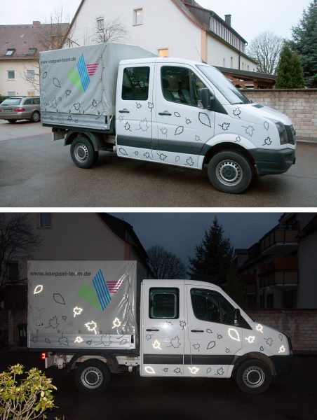Gestaltung mehrerer Fahrzeuge der Firma "Köpsel" - hier ein Laster. Dreifarbiges Logo und reflektierende Folie in Form von fallendem Laub.