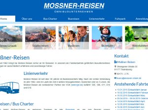 Der von uns konzipierte, neue Webauftritt der Firma Mossner-Reisen in freundlichem Blau, inklusive Tagwort-Karussell auf der Startseite.