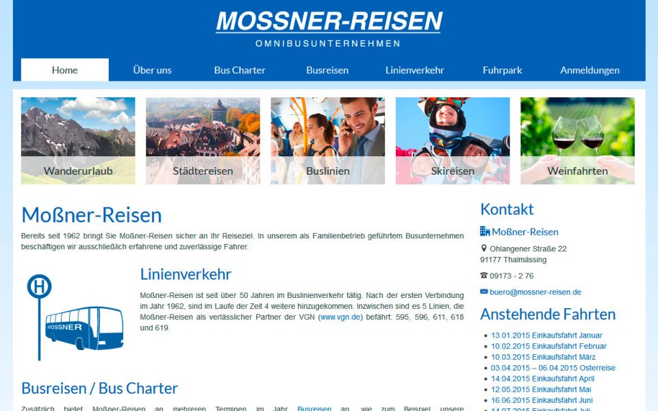 Der von uns konzipierte, neue Webauftritt der Firma Mossner-Reisen in freundlichem Blau, inklusive Tagwort-Karussell auf der Startseite.