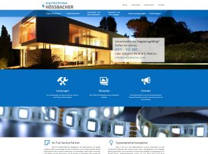 Screenshot der Startseite für den Elektrotechnikbetrieb Hössbacher, mit integriertem Slider und einem großflächigem Parallax Hintergrund.