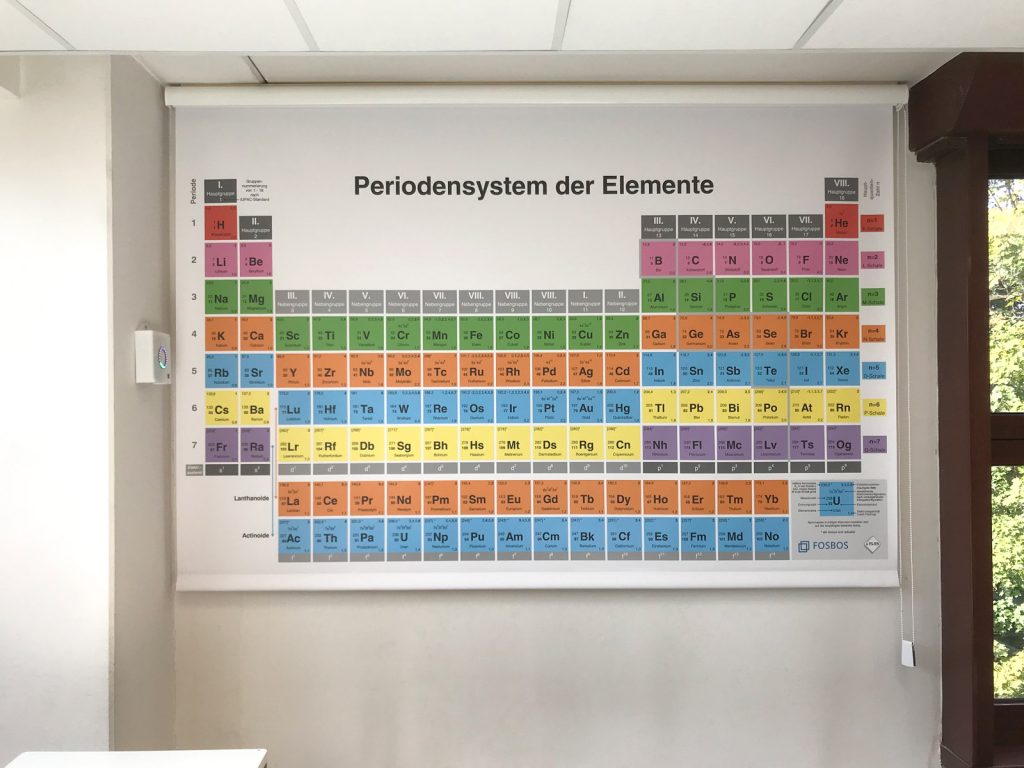 Periodensystem an einer Wand in einem Klassenzimmer der Max-Grundig-Schule